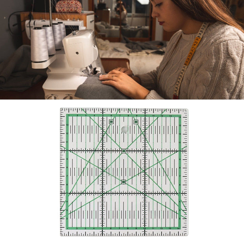 A sewing ruler with a clear acrylic base, green measurement grid lines, and black markings, shown below a lifestyle photo of a woman sewing with a sewing machine.

Details