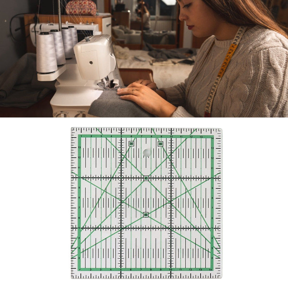 A sewing ruler with a clear acrylic base, green measurement grid lines, and black markings, shown below a lifestyle photo of a woman sewing with a sewing machine.

Details