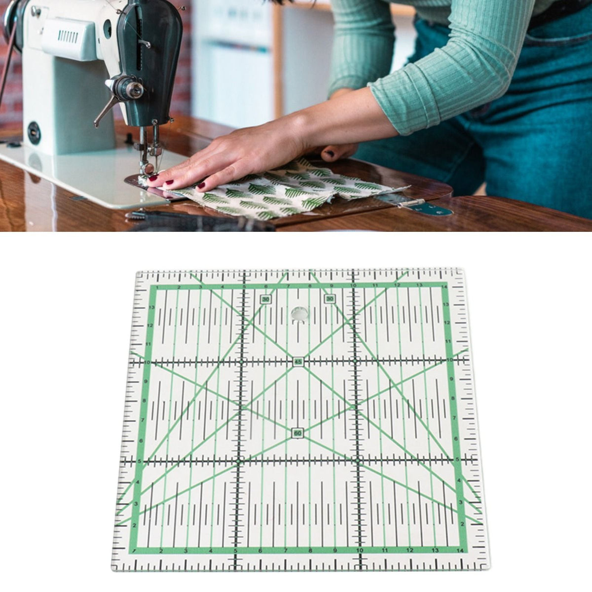 A clear square quilting ruler with green grid lines and black measurement markings, shown below a lifestyle photo of a person sewing fabric at a table.