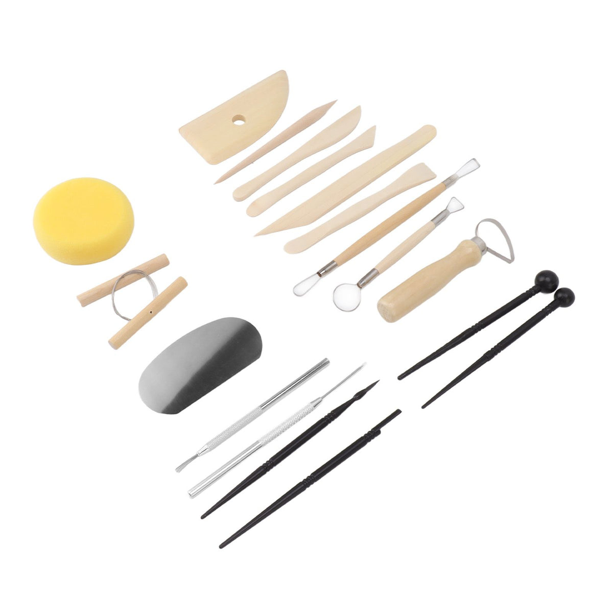 A pottery wheel throwing tool set arranged on a white background, including wooden sculpting knives, metal loops, a yellow sponge, a gray wheel roller, and black-handled tools.