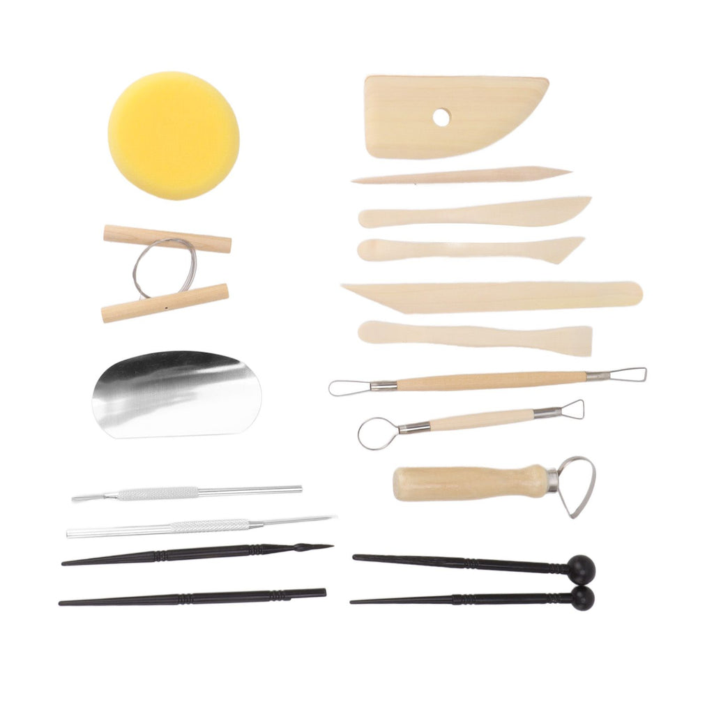 A pottery and clay sculpting tool set arranged on a plain white background, including wooden spatulas, metal loops, a yellow sponge, and black-handled tools.
