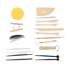 A pottery and clay sculpting tool set arranged on a plain white background, including wooden spatulas, metal loops, a yellow sponge, and black-handled tools.