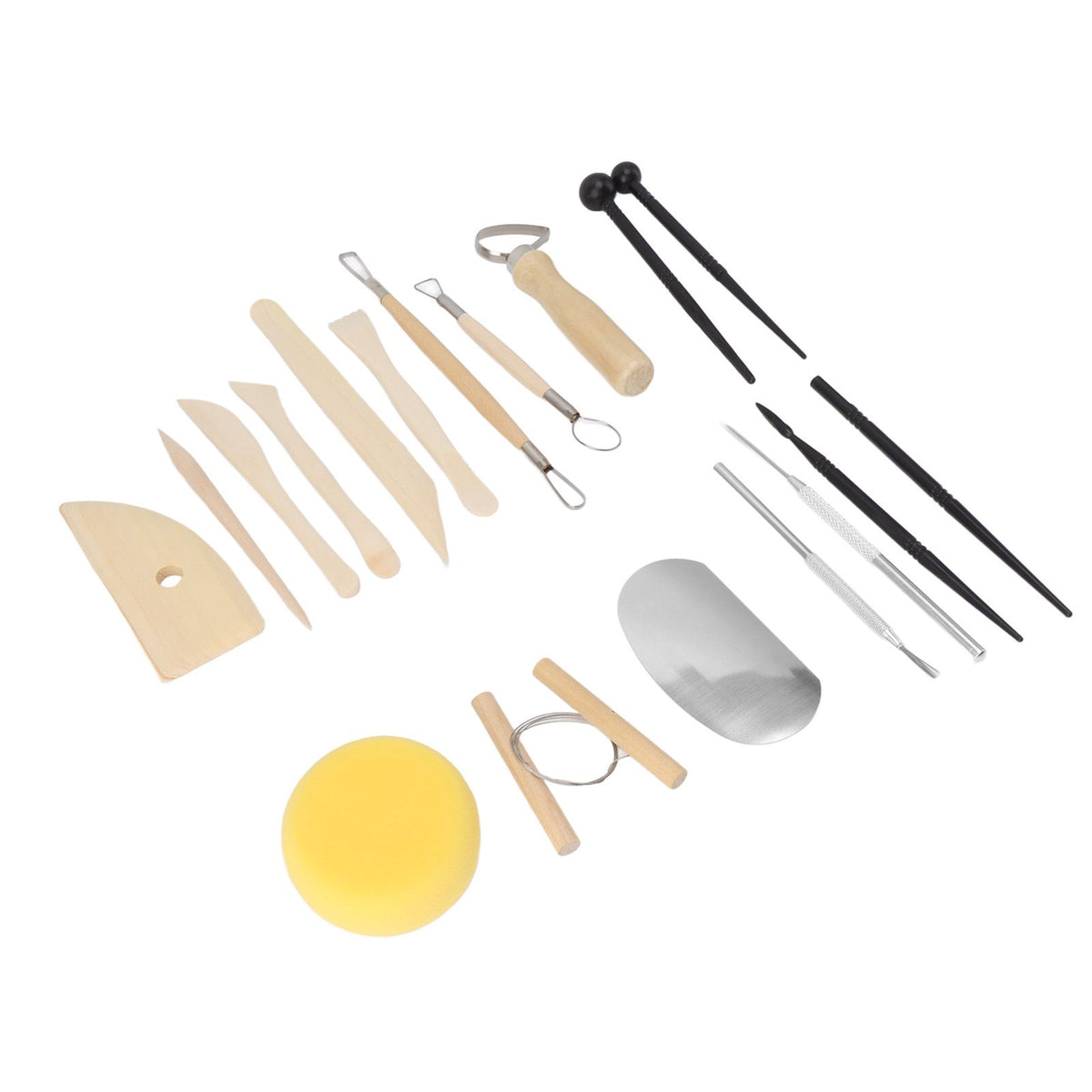 A pottery and clay sculpting tool set arranged on a white background, including wooden spatulas, metal sculpting tools, a yellow sponge, a metal wheel roller, and a metal scoop.