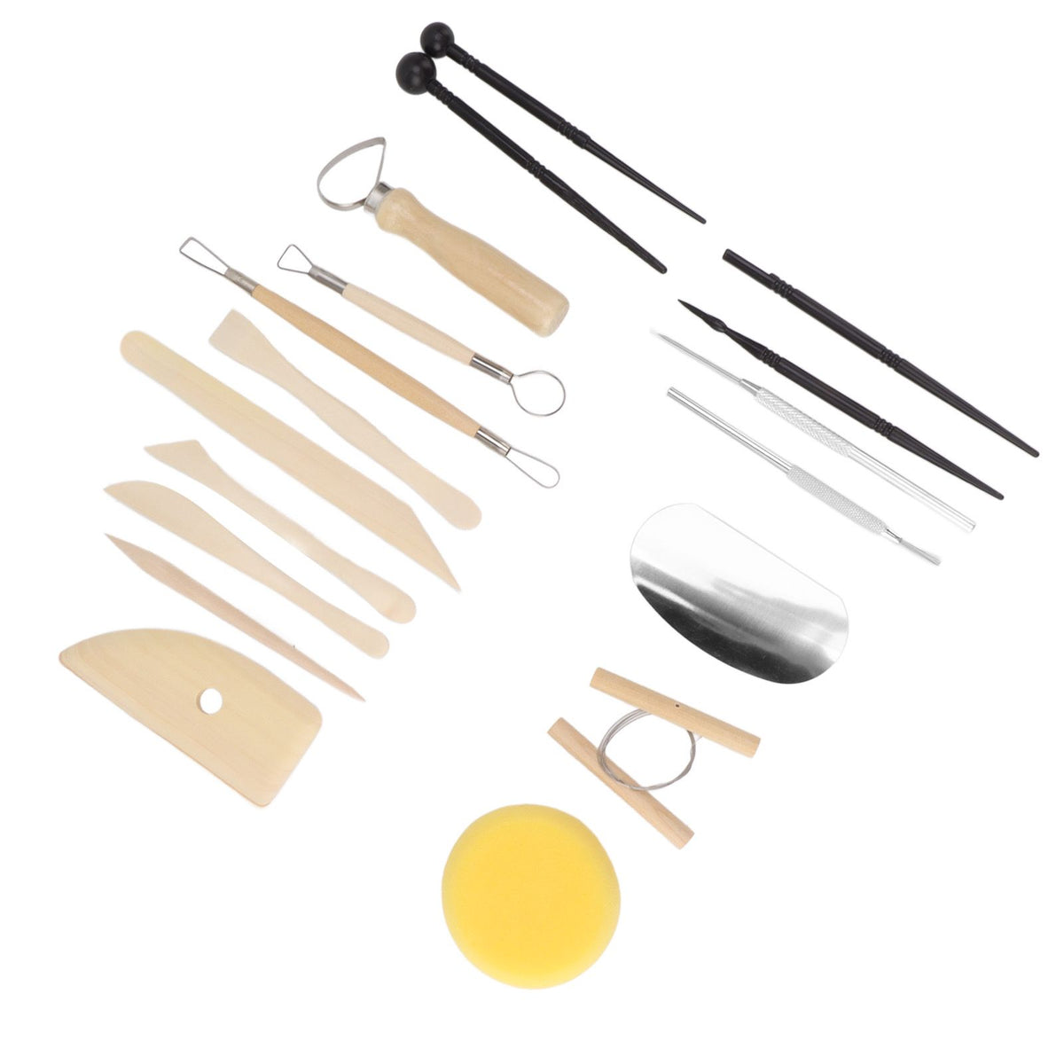 A 16-piece clay sculpting tool set arranged on a plain white background. The set includes wooden spatulas, metal loops, tweezers, a metal scraper, a yellow sponge, and two black ball pens.