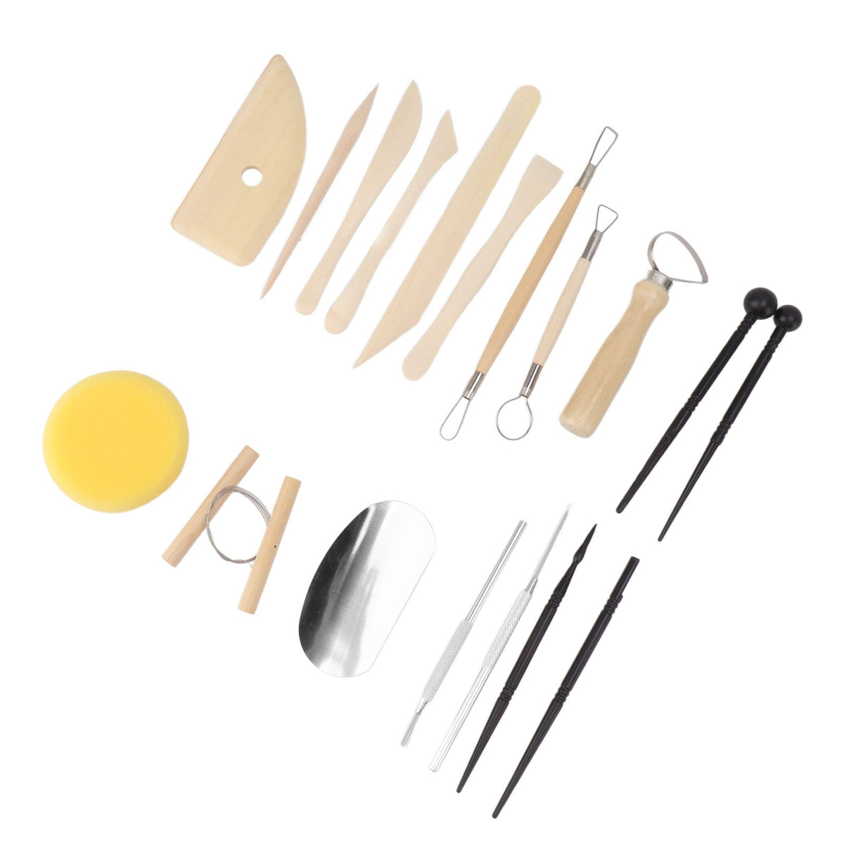 A pottery wheel throwing tool set arranged on a white background, including wooden sculpting knives, metal loops, black-handled tools, a yellow sponge, and a polished metal spatula.