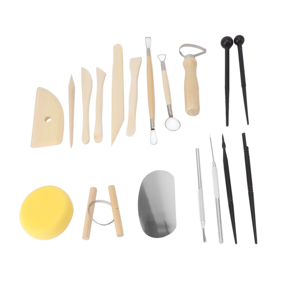 A pottery and clay sculpting tool set arranged on a plain white background, including wooden and metal sculpting knives, a yellow sponge, a metal ring, and a metal spatula.