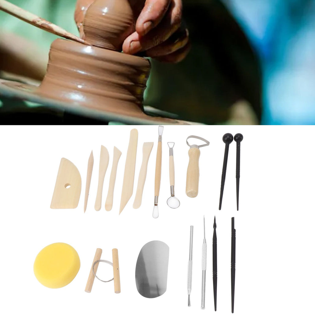 Pottery wheel tool set shown below a photo of a potter shaping clay. The set includes wooden and metal sculpting tools, a yellow sponge, and a metal wheel slip scraper, displayed on a white background.