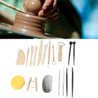 Pottery wheel tool set shown below a photo of a potter shaping clay. The set includes wooden and metal sculpting tools, a yellow sponge, and a metal wheel slip scraper, displayed on a white background.