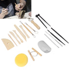 A pottery tool set arranged on a white background, including wooden sculpting knives, metal carving tools, a yellow sponge, a metal wheel, and two black-handled sticks. A small inset photo in the top-left shows a person holding a pottery tool and working with clay.