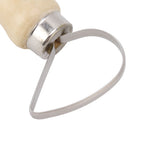 A close-up of a metal loop tool with a light wood handle and silver metal collar, shown on a plain white background.