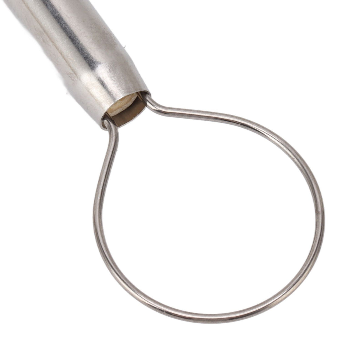 Close-up of a stainless steel loop tool with a cylindrical metal handle on a plain white background.