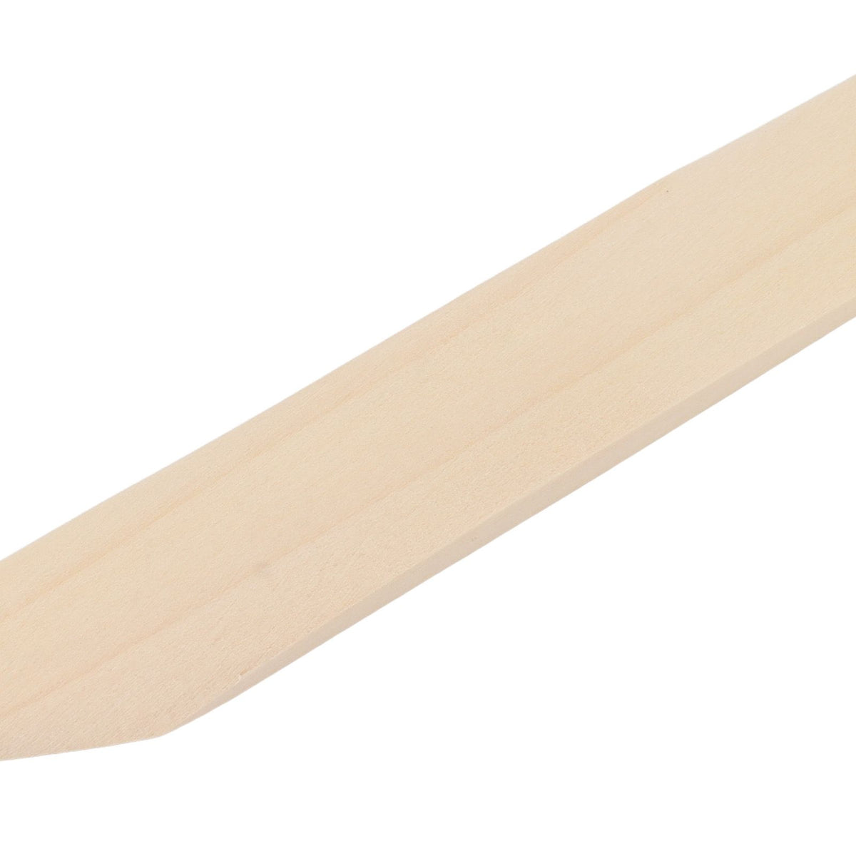 A close-up of a light natural wood stick or strip with a smooth grain, shown diagonally against a plain white background.