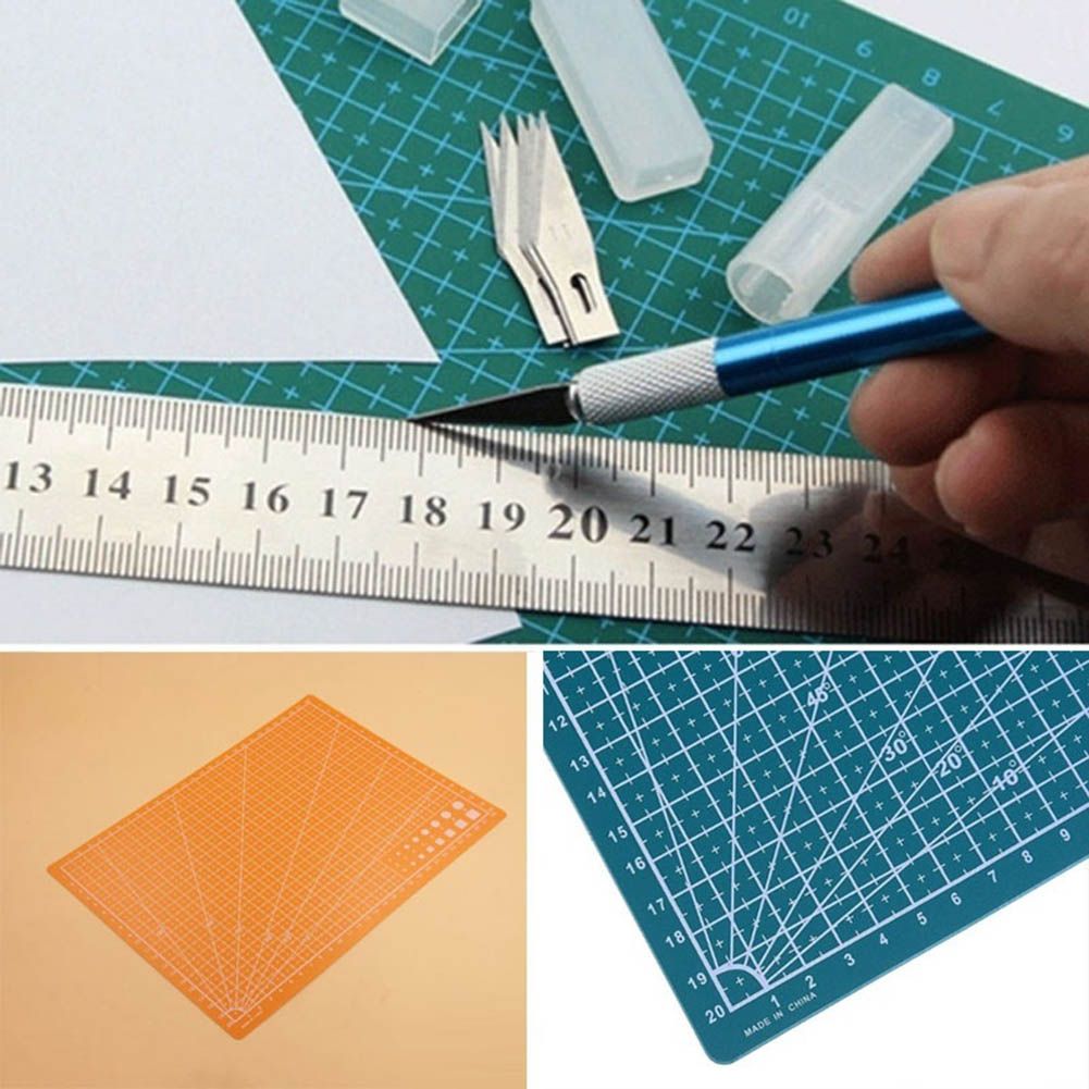 A collage showing a crafting set: a green self-healing cutting mat with grid lines, a blue precision knife with a silver handle being held by a hand, a metal ruler, orange and blue square templates, and small clear plastic containers.
