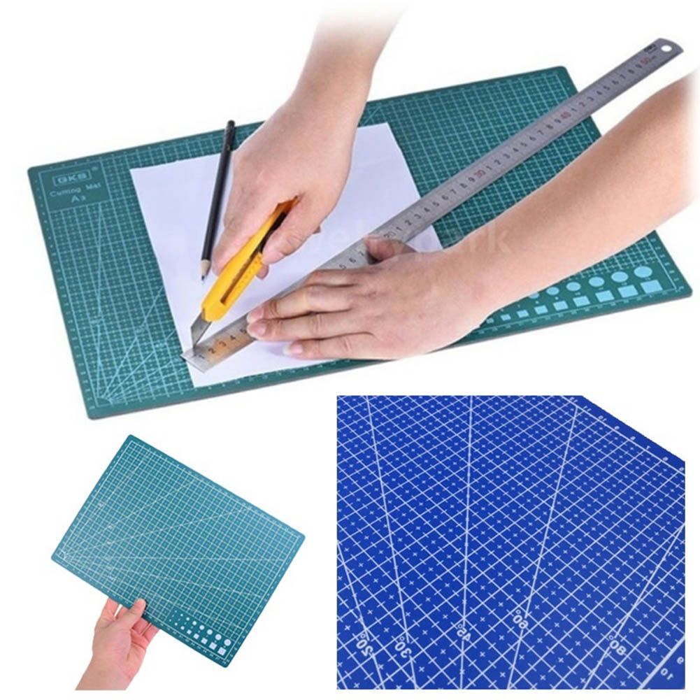 Green self-caling craft cutting mat shown with hands using a utility knife and metal ruler on white paper, plus inset views of the mat in teal and blue color options on a white background.