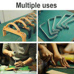 A four-panel collage showing multiple uses of curved metal and leather crafting tools on a green cutting mat, with the text 'Multiple uses' at the top. The panels show the tools arranged for use, being handled by a person, and in a workshop setting.