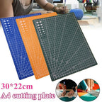 Three A4 cutting mats in blue, orange, and dark green are shown overlapping on a white background, with a person using a craft knife in the upper background and two circular inset photos at the bottom demonstrating the mats. Text reads '30*22cm A4 cutting plate'.