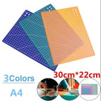 Three colored A4 grid cutting mats in blue, teal, and orange-yellow, shown overlapping on a white background with text reading '3Colors A4' and '30cm*22cm', plus small circular inset photos demonstrating use.