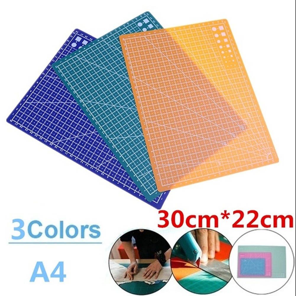 Three colored A4 grid cutting mats in blue, teal, and orange-yellow, shown overlapping on a white background with text reading '3Colors A4' and '30cm*22cm', plus small circular inset photos demonstrating use.