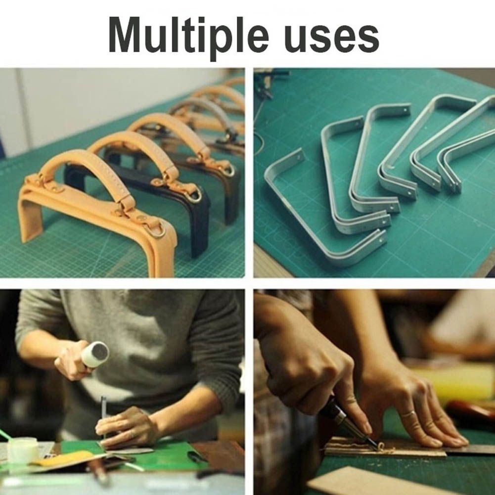 A four-panel collage showing multiple uses of curved metal and leather crafting tools on a green cutting mat, with the text 'Multiple uses' at the top. The panels show the tools arranged for use, being handled by a person, and in a workshop setting.