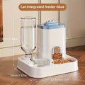 Cat integrated feeder with water dispenser and food bowl on a wooden floor.