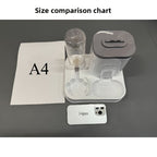 Size comparison chart with A4 paper, two clear containers, and a smartphone on a gray background.