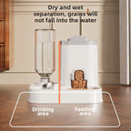 A pet water and food dispenser shown on a wooden floor in an indoor room setting, with overlaid text explaining dry and wet separation and labeled drinking and feeding areas.
