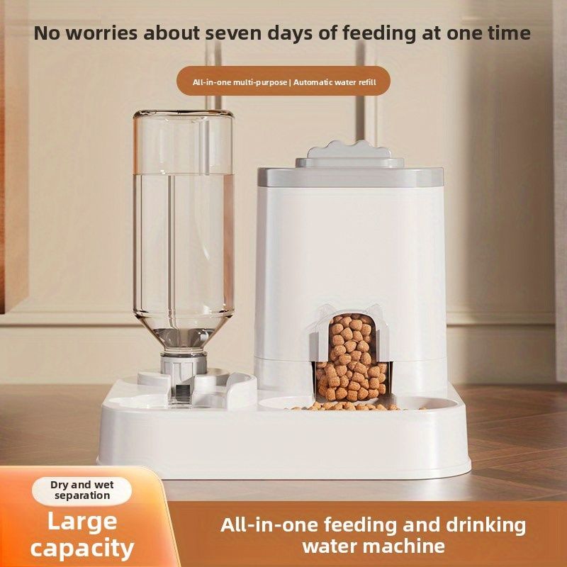 Pet feeding and drinking water machine with text highlighting features on a neutral background