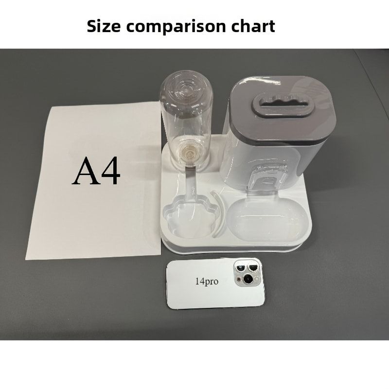 Size comparison chart with A4 paper, two clear containers, and a smartphone on a gray background.