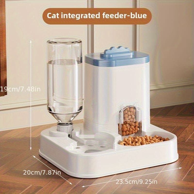 Cat integrated feeder with water dispenser and food bowl on a wooden floor.