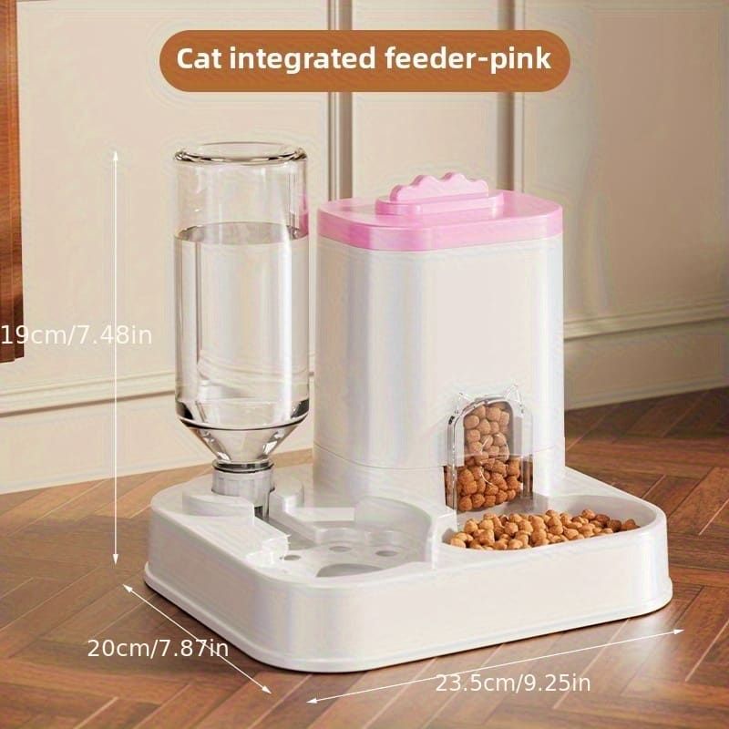 Cat integrated feeder with water and food compartments on a wooden floor.