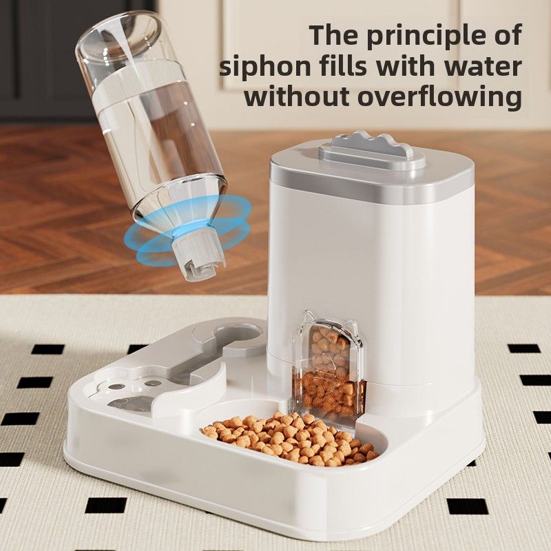 Pet feeder with water dispenser on a checkered floor
