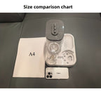 Size comparison chart with a device, A4 paper, and smartphone on a dark surface.