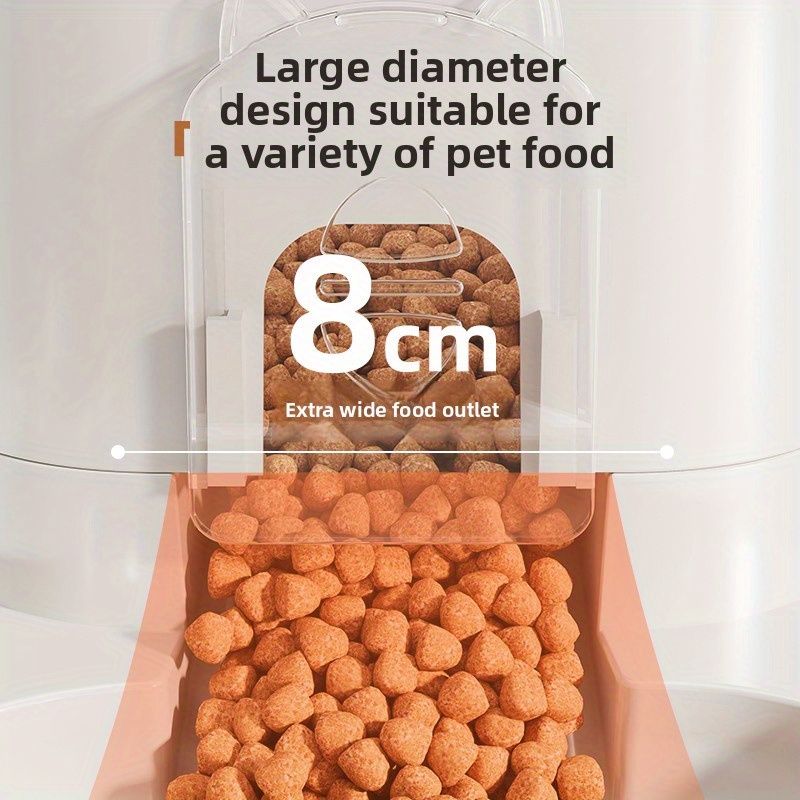 Pet food packaging with a clear lid showing pet food and text about size suitability.