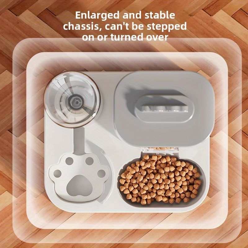 Pet food bowl with a stable chassis on a wooden floor