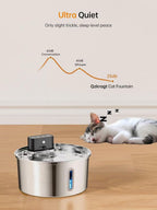 A stainless steel cat fountain with a black top-mounted device on a light wood floor, shown in a room scene with a sleeping cat and text highlighting ultra-quiet operation.