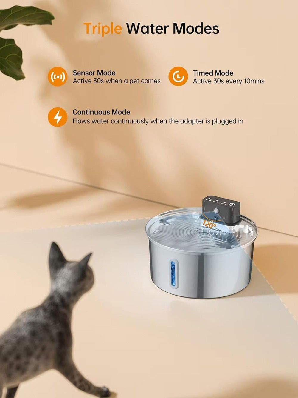 A pet water fountain with a small black electronic controller on top, shown on a beige surface with a cat partially visible in the lower left. Text at the top explains the three water modes: sensor mode, timed mode, and continuous mode.
