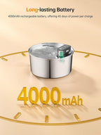 A stainless steel cylindrical container with a small rechargeable battery attached, shown on a warm beige background with promotional text reading 'Long-lasting Battery' and '4000mAh'.