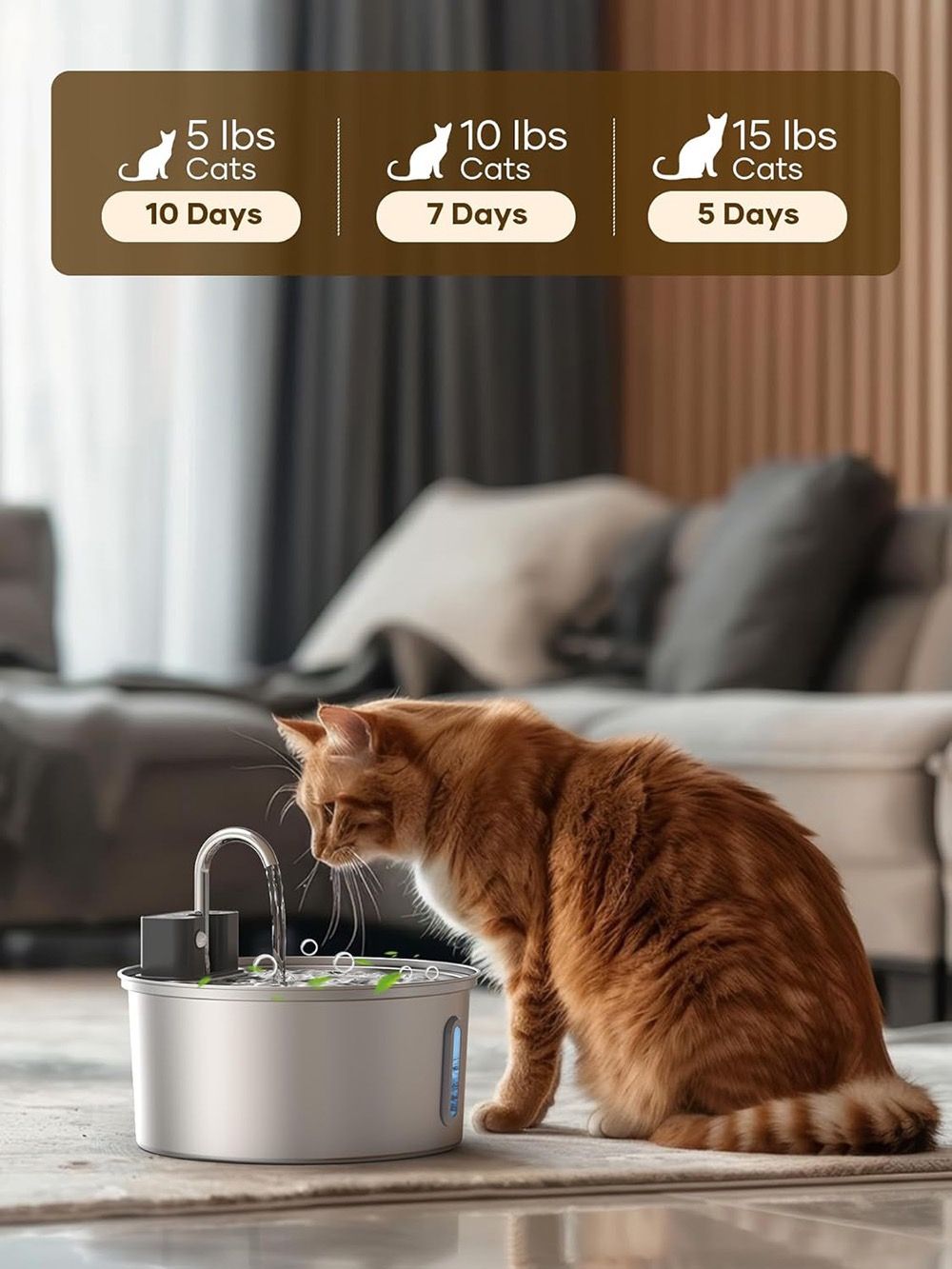 Cat drinking water from a pet fountain with weight-based water flow time indicators.