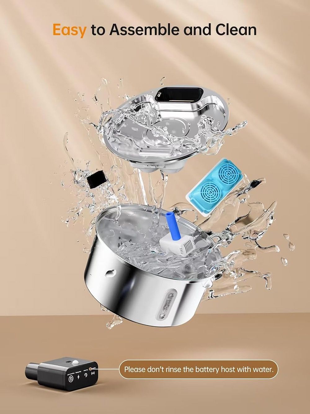 Water fountain with water splashes on a beige background, featuring text 'Easy to Assemble and Clean'.