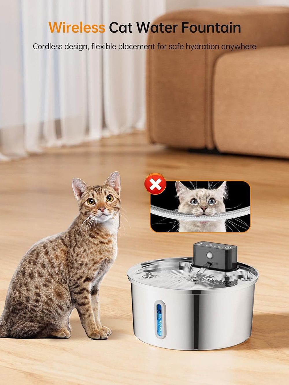 Wireless cat water fountain with a cat sitting next to it on a wooden floor.