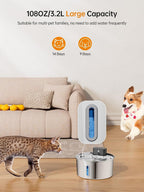 A pet water fountain shown in a living room with a cat, dog, and sofa. Text at the top reads '1080oz/3.