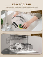 Stainless steel product being cleaned by hand and in a dishwasher with text indicating ease of cleaning.

