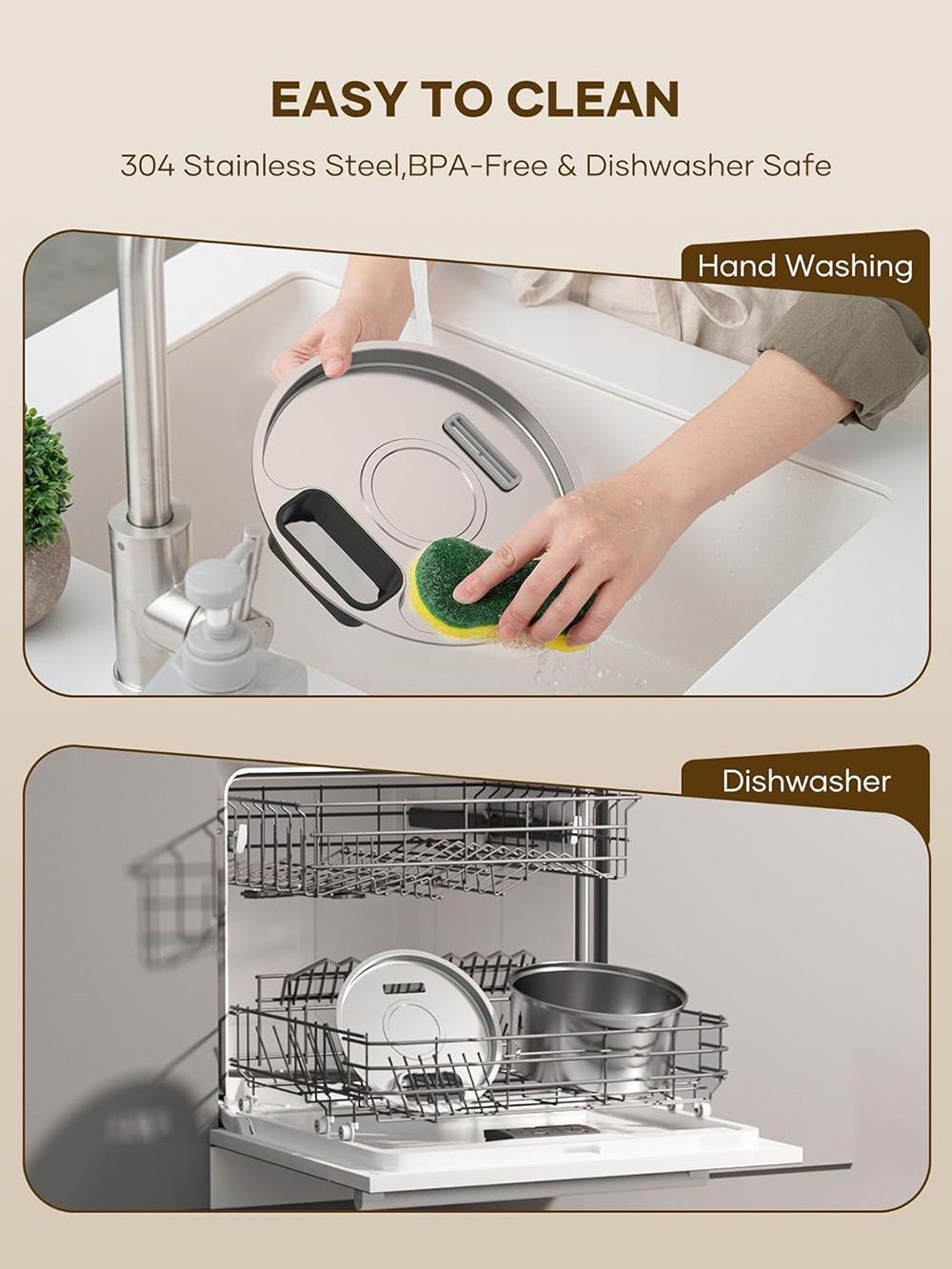 Stainless steel product being cleaned by hand and in a dishwasher with text indicating ease of cleaning.

