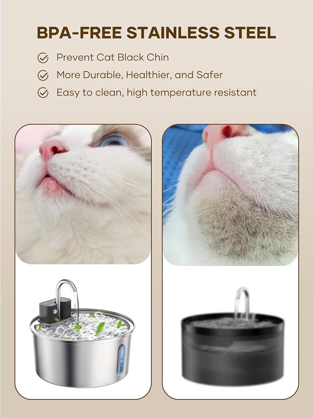 Stainless steel pet water fountain with images of a cat and text highlighting benefits