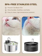 Stainless steel pet water fountain with images of a cat and text highlighting benefits
