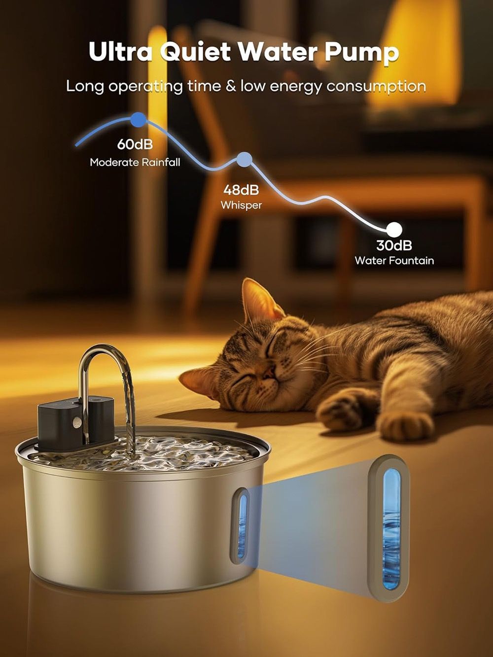 Ultra quiet water pump with a cat resting nearby, highlighting its low noise levels.