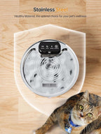 Pet water fountain with stainless steel material on a wooden surface, accompanied by a cat.