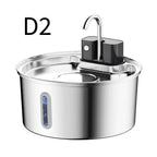 A stainless steel automatic water fountain dispenser with a curved metal faucet and a black control box on top, shown on a plain white background with the text 'D2' in the upper lef