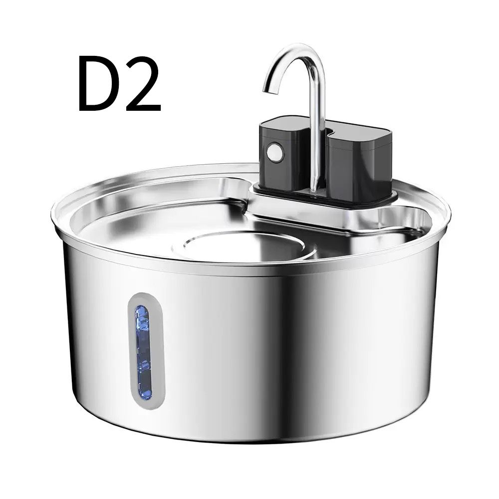 A stainless steel automatic water fountain dispenser with a curved metal faucet and a black control box on top, shown on a plain white background with the text 'D2' in the upper lef