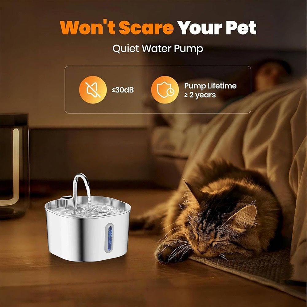 Pet water fountain with a cat resting nearby, emphasizing quiet operation and long pump life